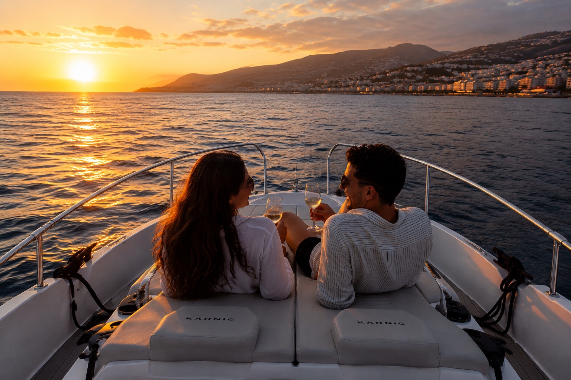 Ein Paar auf dem Bug des privaten Chifbay Boots beim Sonnenuntergang vor Funchal