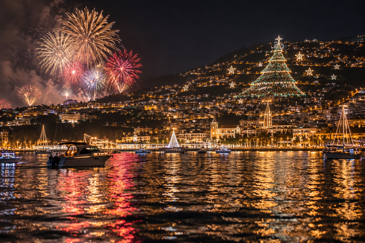 Fuochi d'artificio di Capodanno sulla baia di Funchal visti da una barca privata, Madeira