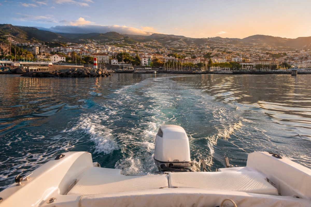 The wake of a small boat leaving Funchal marina on calm water at golden hour